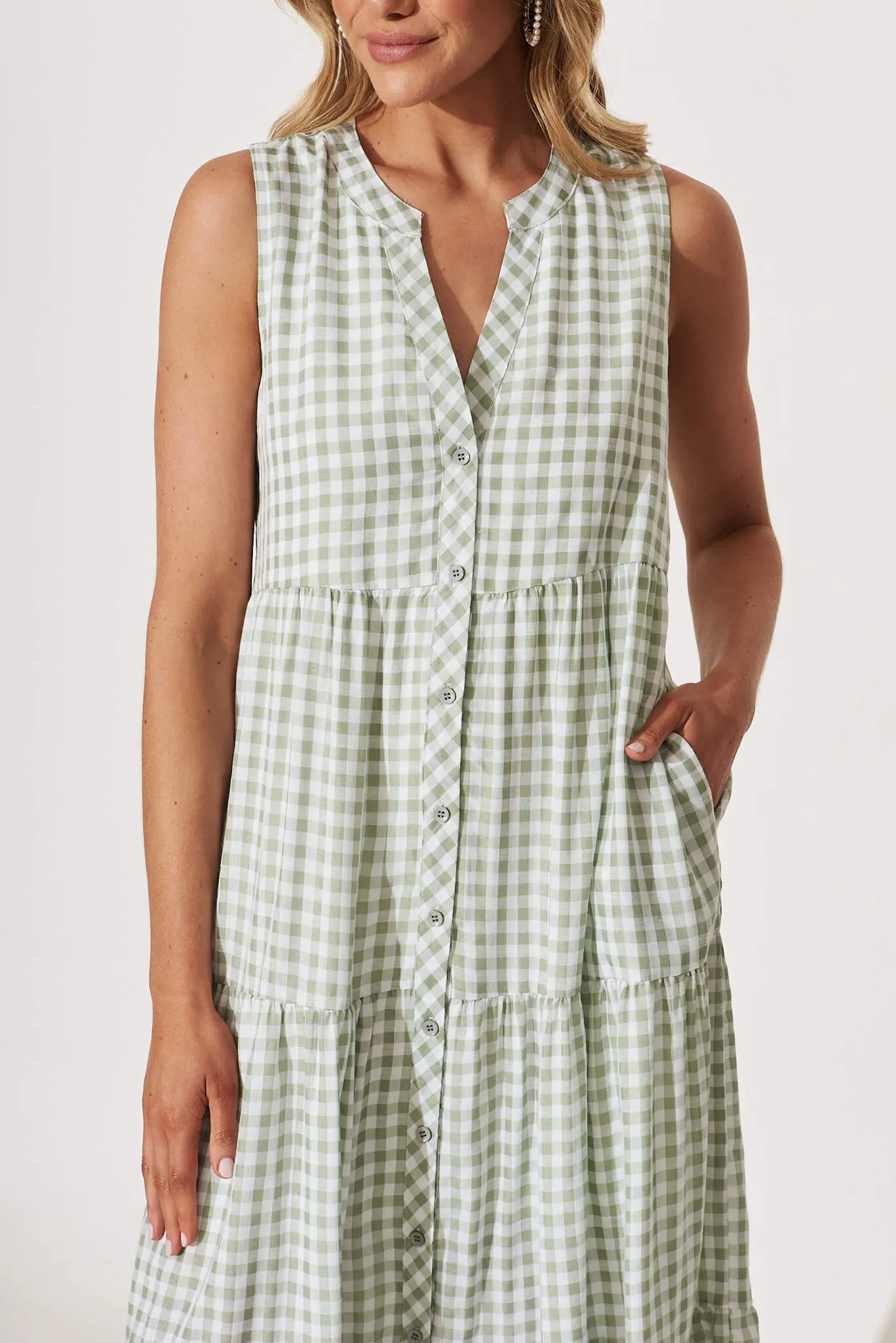 Jolly Midi Smock Dress In Green Gingham Check Cotton Blend sold by St Frock product image thumbnail 5
