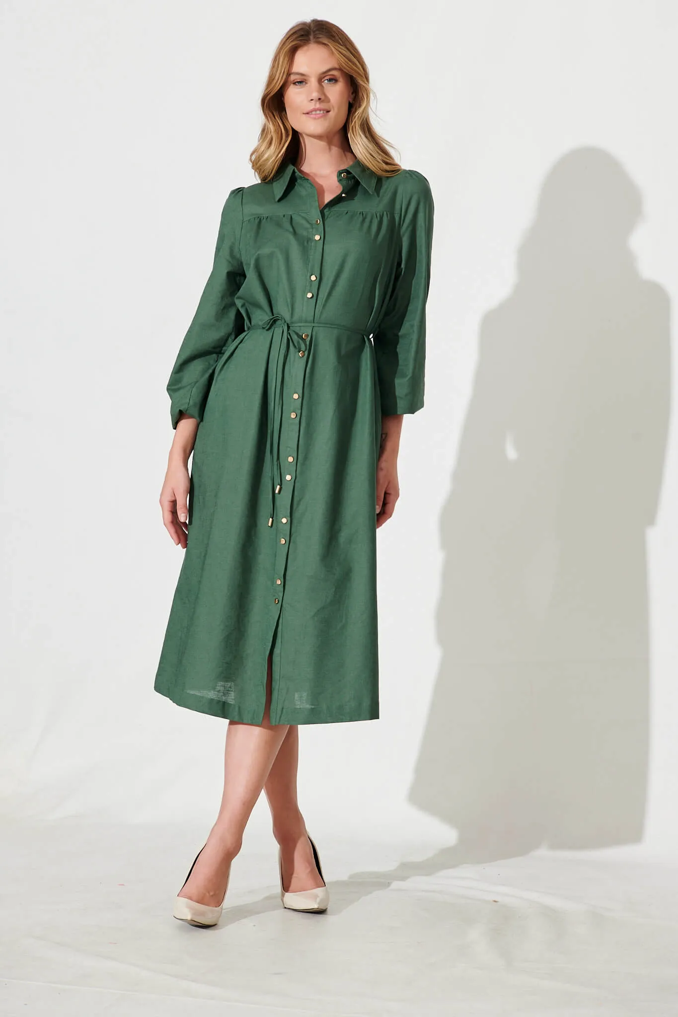 Landed Midi Shirt Dress In Green Cotton Linen sold by St Frock