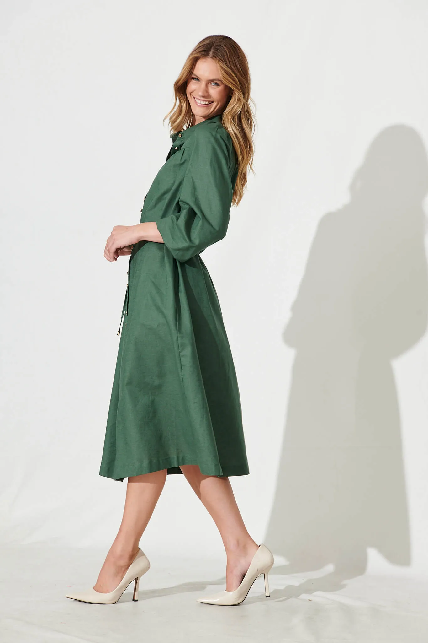 Landed Midi Shirt Dress In Green Cotton Linen sold by St Frock product image thumbnail 4