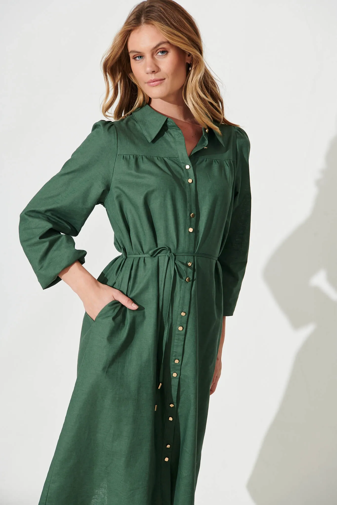 Landed Midi Shirt Dress In Green Cotton Linen sold by St Frock product image thumbnail 2
