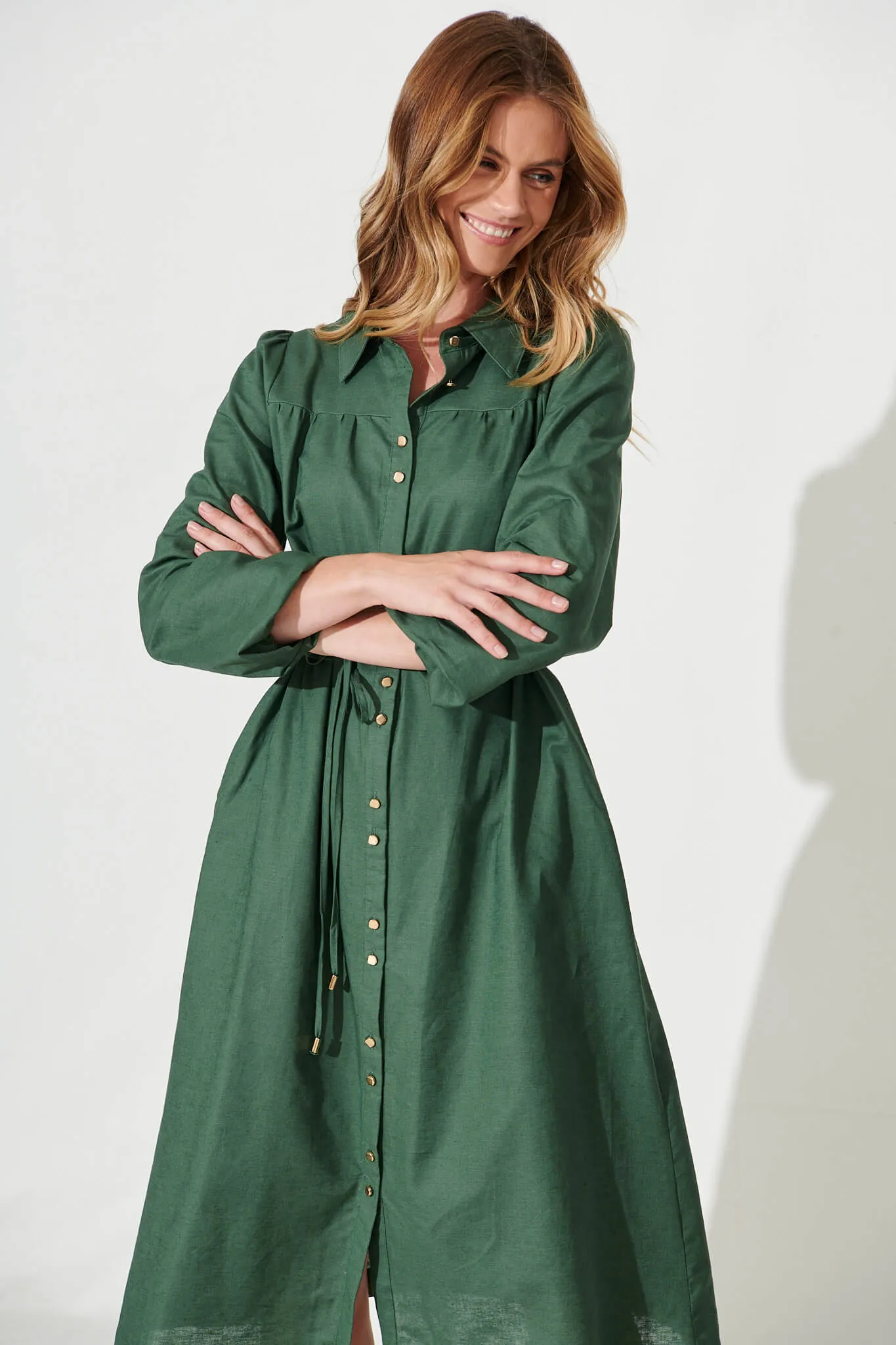 Landed Midi Shirt Dress In Green Cotton Linen sold by St Frock product image thumbnail 3