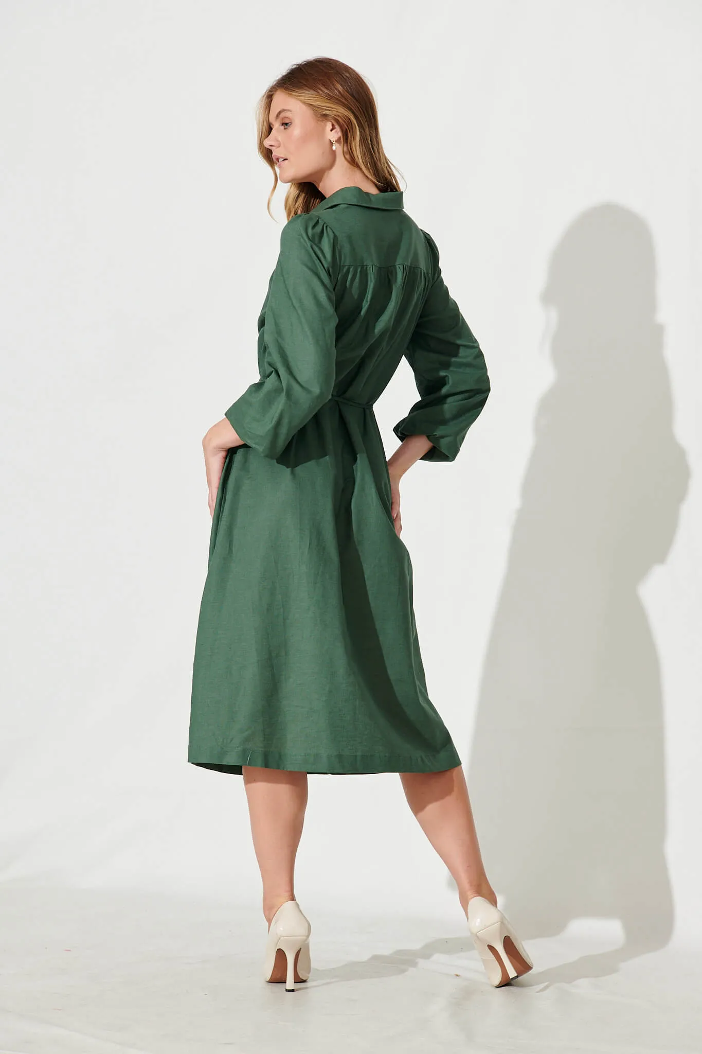 Landed Midi Shirt Dress In Green Cotton Linen sold by St Frock product image thumbnail 5