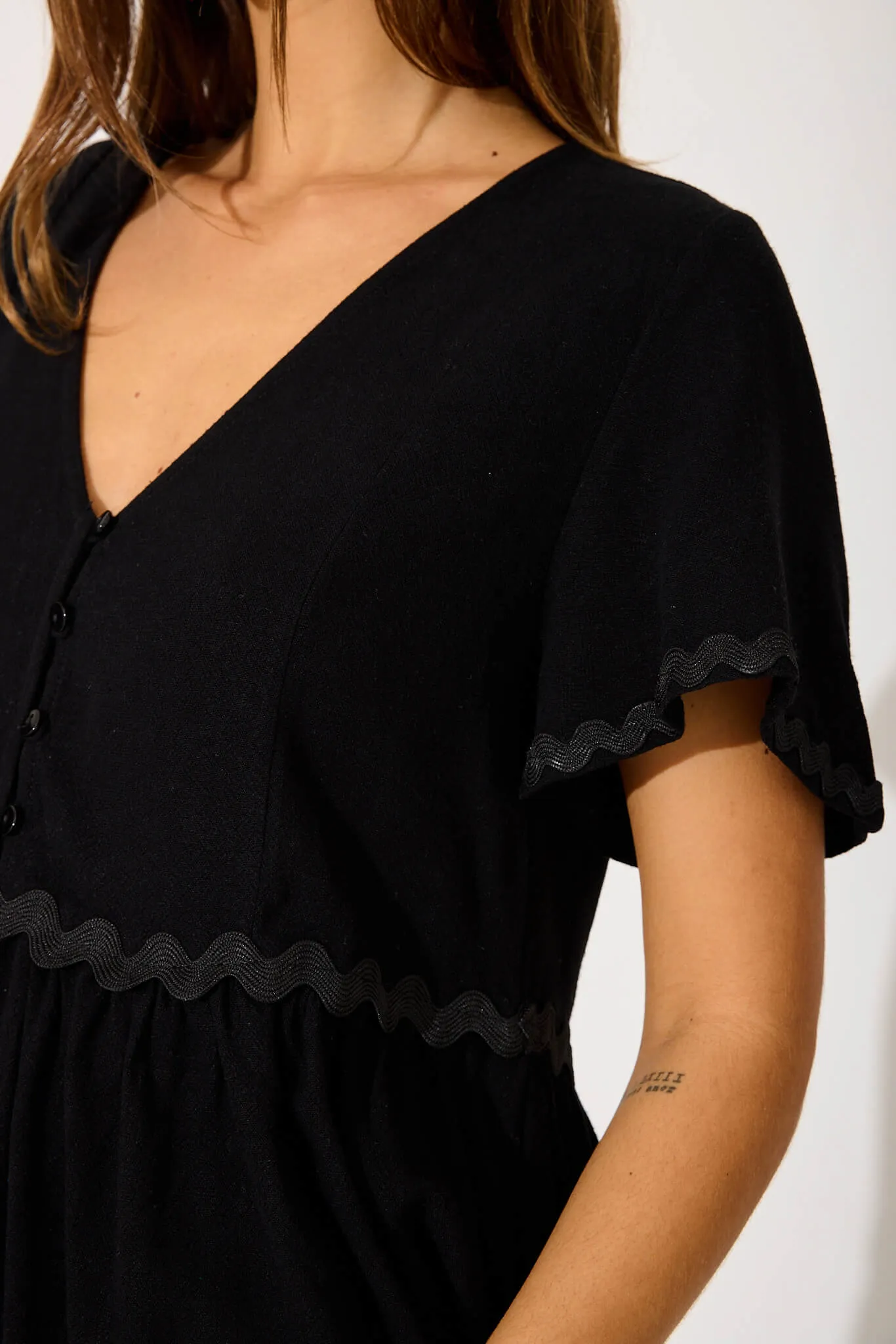 Rory Top In Black With Ric Rac Trim Linen Blend sold by St Frock product image thumbnail 5