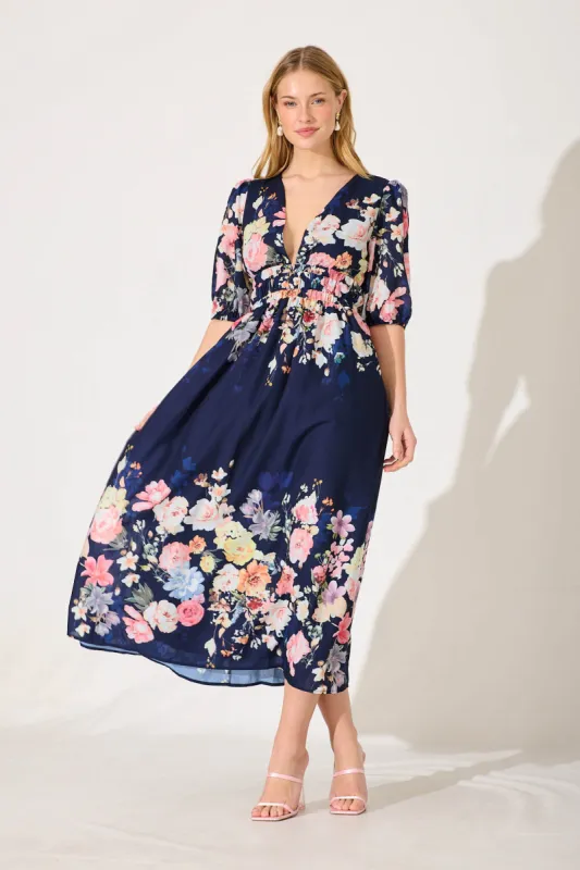 Camille Maxi Dress In Navy With Orange Floral sold by St Frock