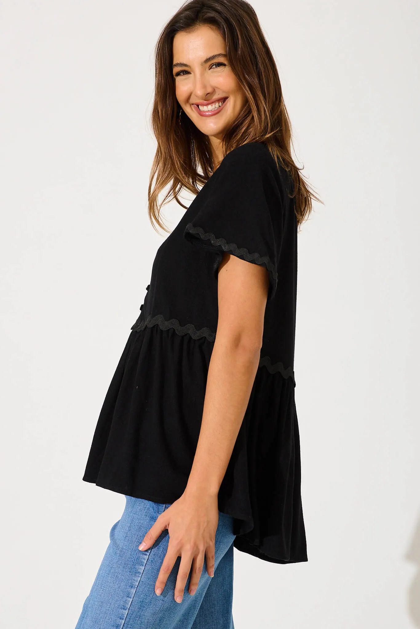 Rory Top In Black With Ric Rac Trim Linen Blend sold by St Frock product image thumbnail 2