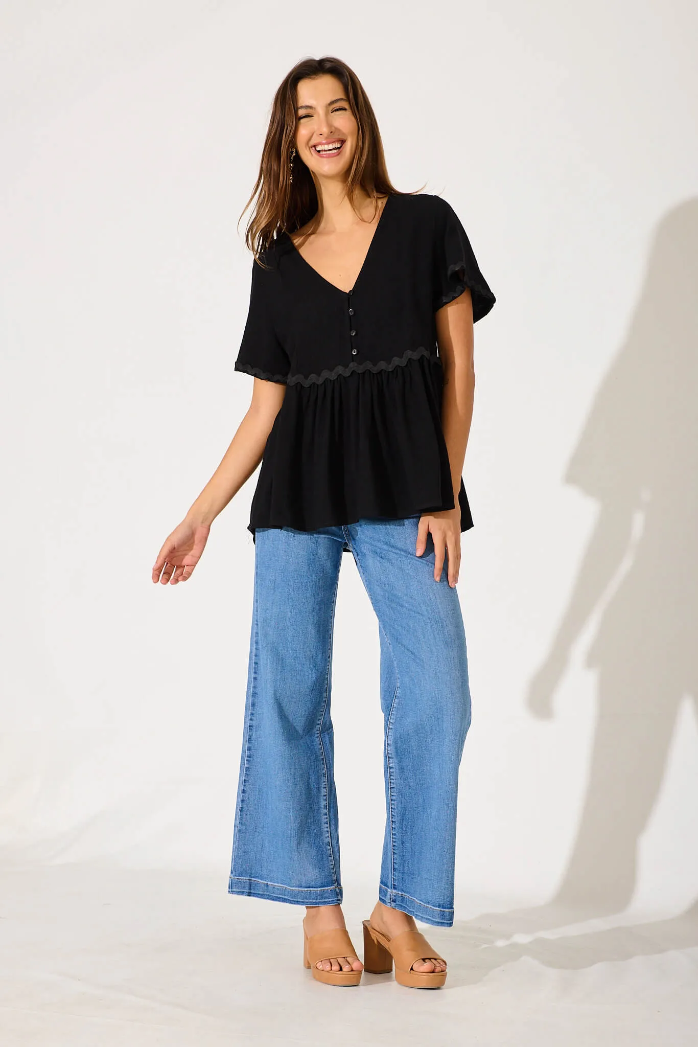 Rory Top In Black With Ric Rac Trim Linen Blend sold by St Frock product image thumbnail 4