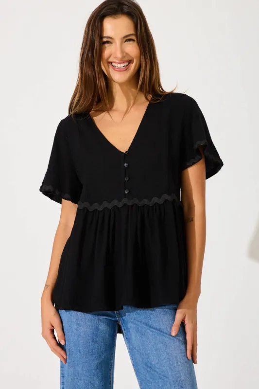 Rory Top In Black With Ric Rac Trim Linen Blend sold by St Frock