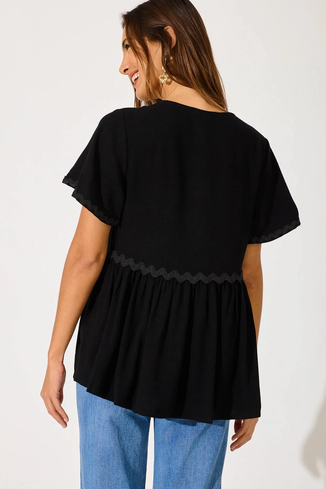 Rory Top In Black With Ric Rac Trim Linen Blend sold by St Frock product image thumbnail 3