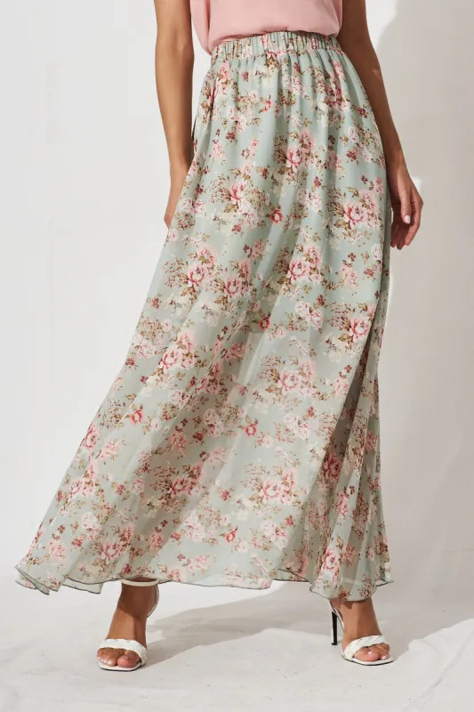 Mirima Maxi Skirt In Mint With Blush Floral Chiffon sold by St Frock