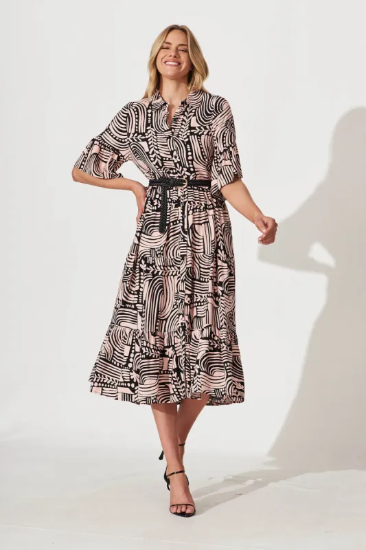Miller Midi Shirt Dress In Pink With Black Geometric Print sold by St Frock