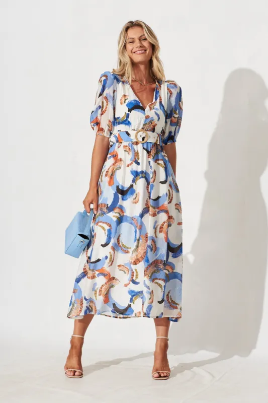 Dilly Midi Dress In White With Blue Multi Print sold by St Frock