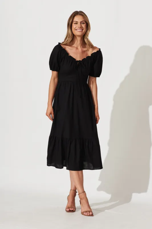 Leticia Midi Dress In Black Linen Cotton Blend sold by St Frock