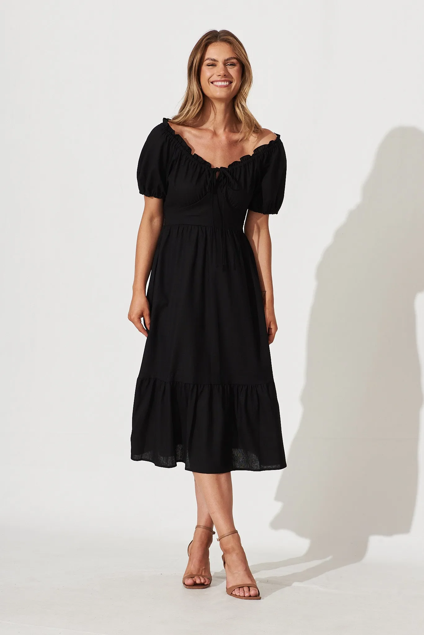Leticia Midi Dress In Black Linen Cotton Blend sold by St Frock