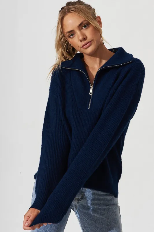 Uma Zip Athleisure Knit In Navy Wool Blend sold by St Frock