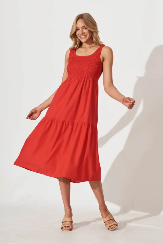 Caribbean Midi Dress In Red Cotton Linen sold by St Frock