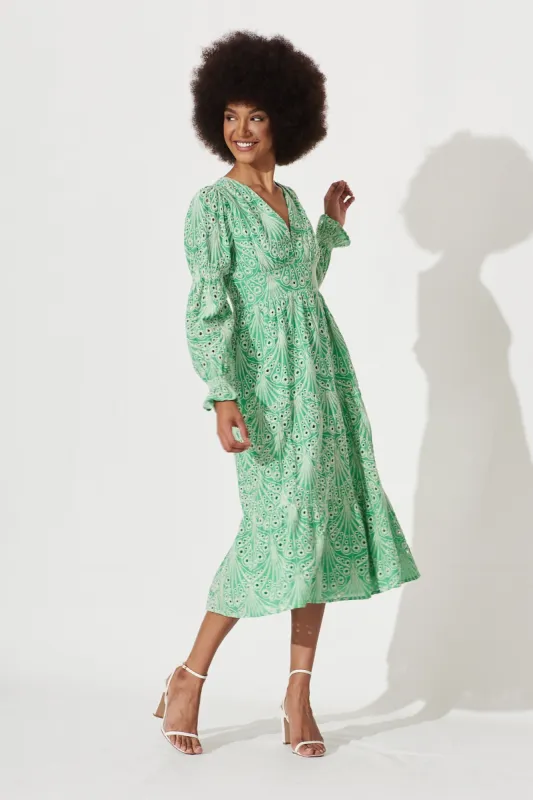 Valena Midi Dress In Green Cotton Broderie sold by St Frock