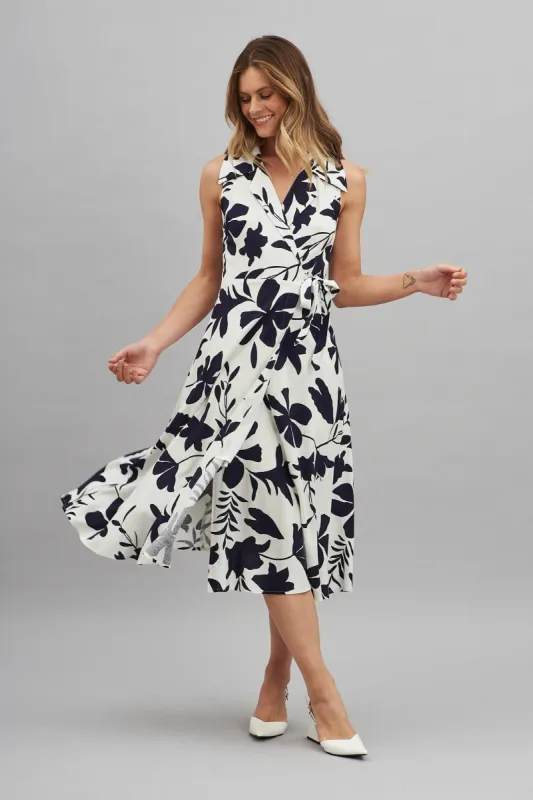 Casablanca Midi Wrap Dress In Navy Floral Linen Blend sold by St Frock