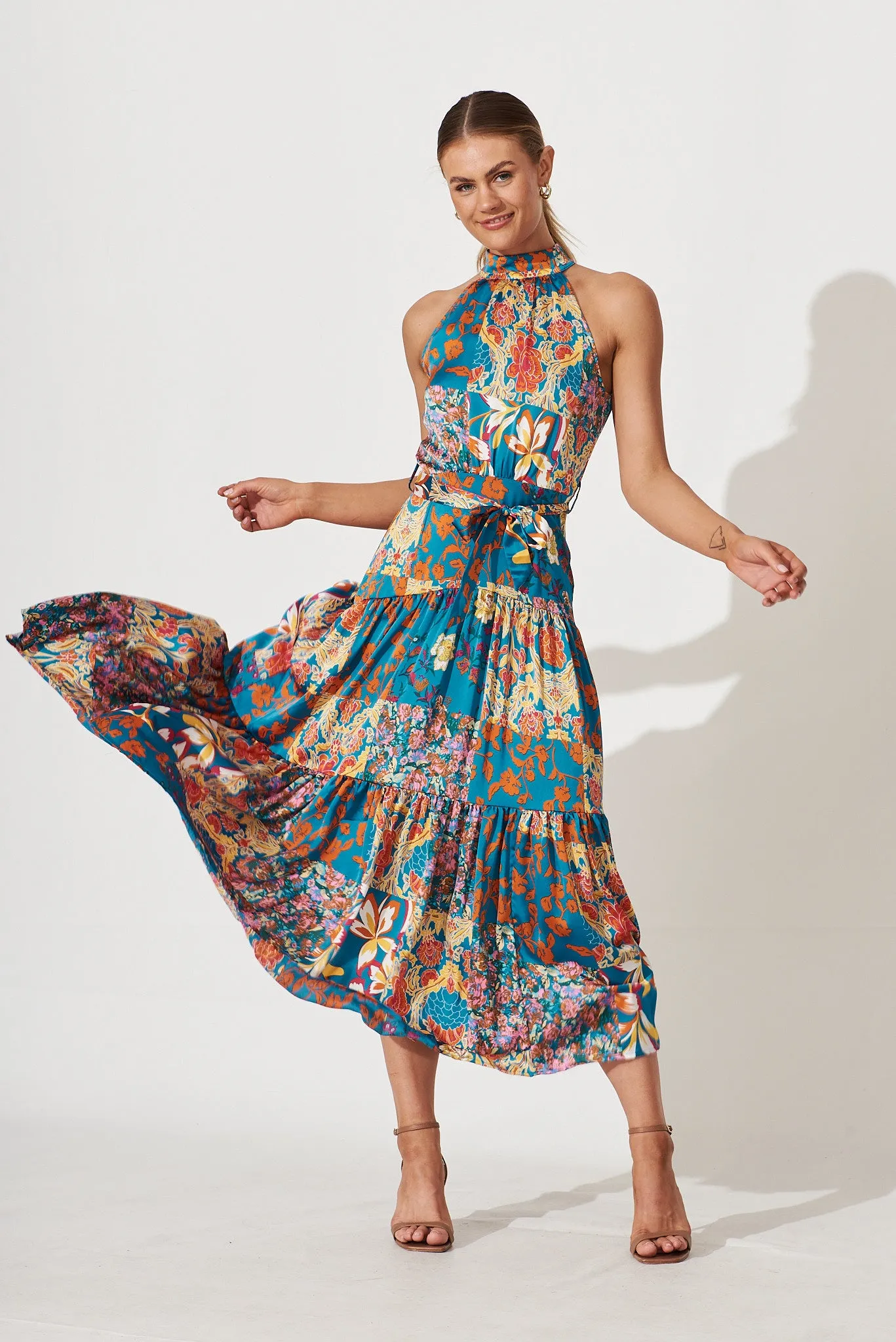 Khalo Dress In Blue Multi Patchwork Print sold by St Frock