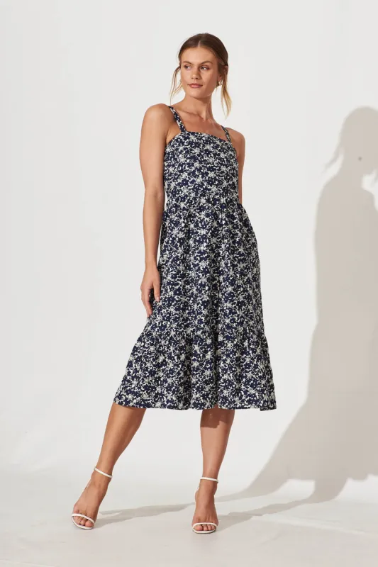 Corrina Midi Sundress In Navy And White Print Cotton Broderie sold by St Frock