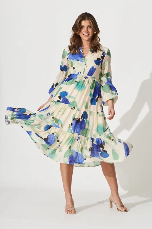 Maribel Midi Dress In Blue With Green Water Colour Print Cotton Blend sold by St Frock