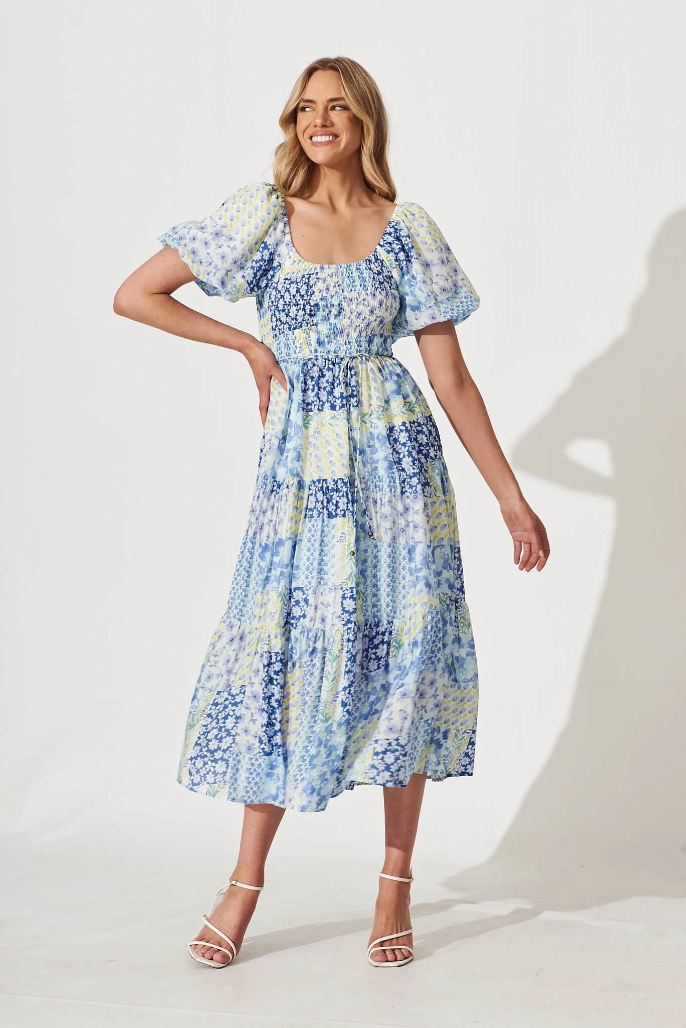 Butterfly Midi Dress In Blue Patchwork Floral sold by St Frock