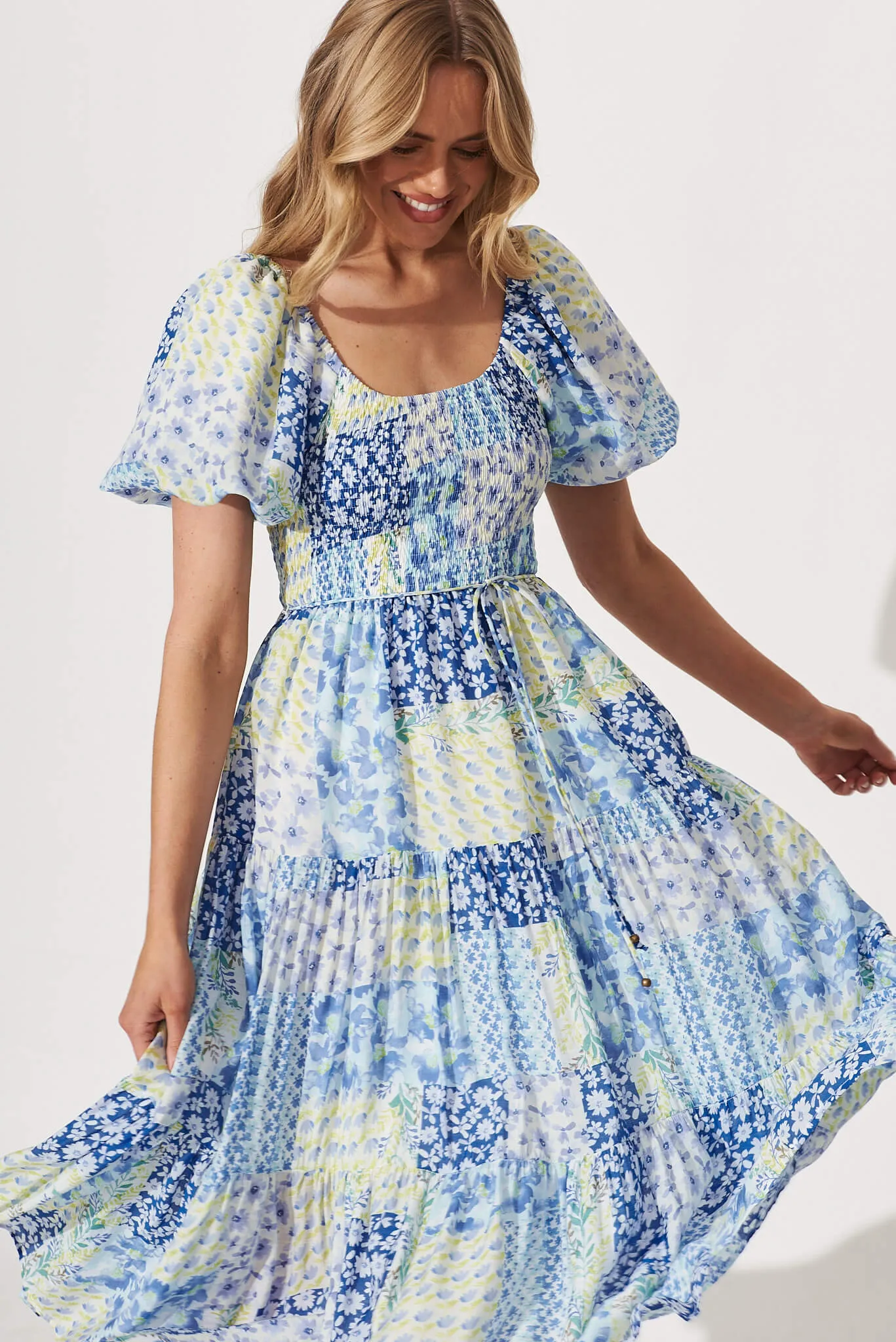 Butterfly Midi Dress In Blue Patchwork Floral sold by St Frock product image thumbnail 2