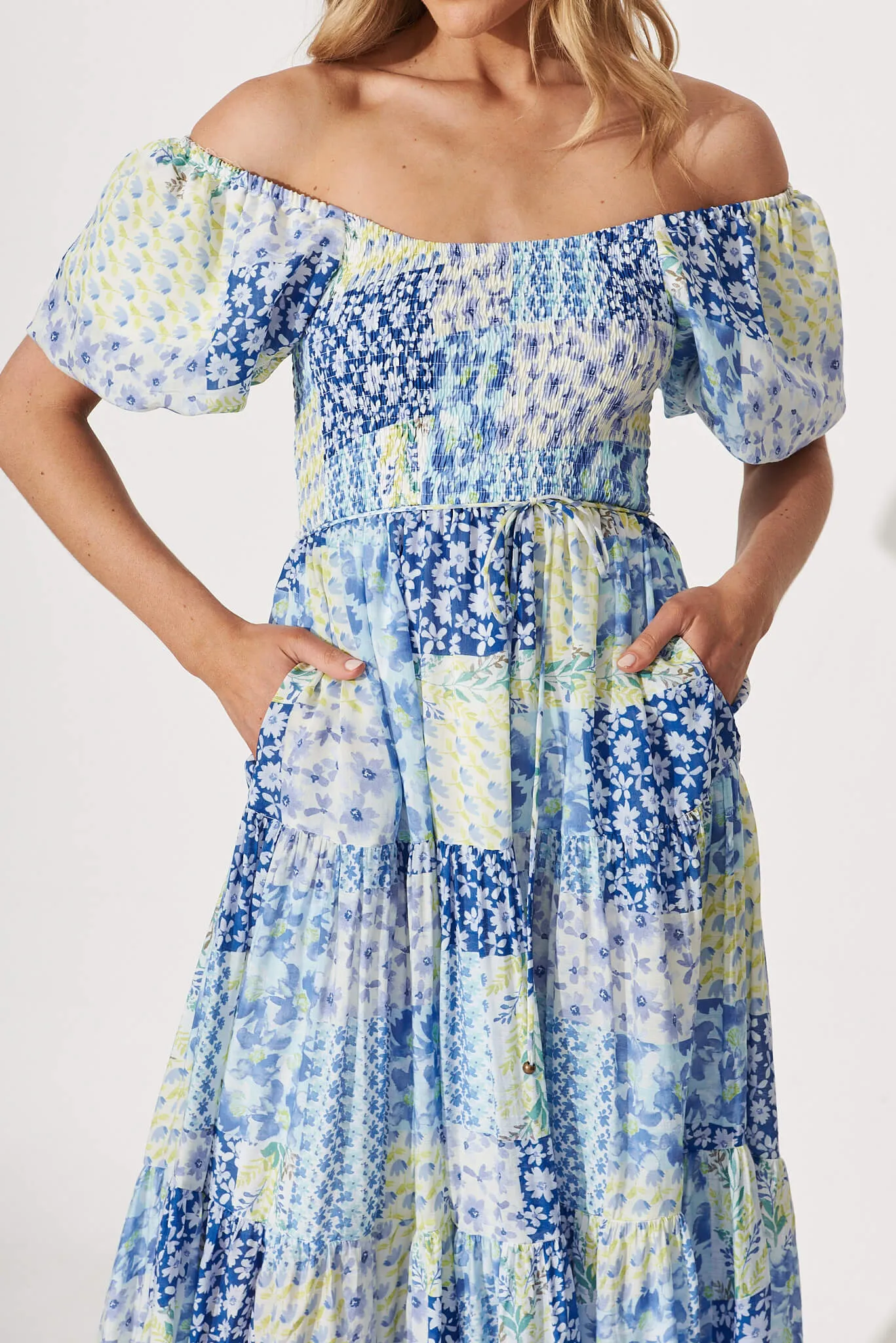 Butterfly Midi Dress In Blue Patchwork Floral sold by St Frock product image thumbnail 5