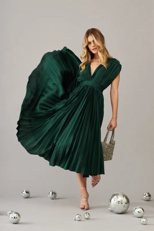Anetta Midi Dress In Pleated Emerald Satin sold by St Frock