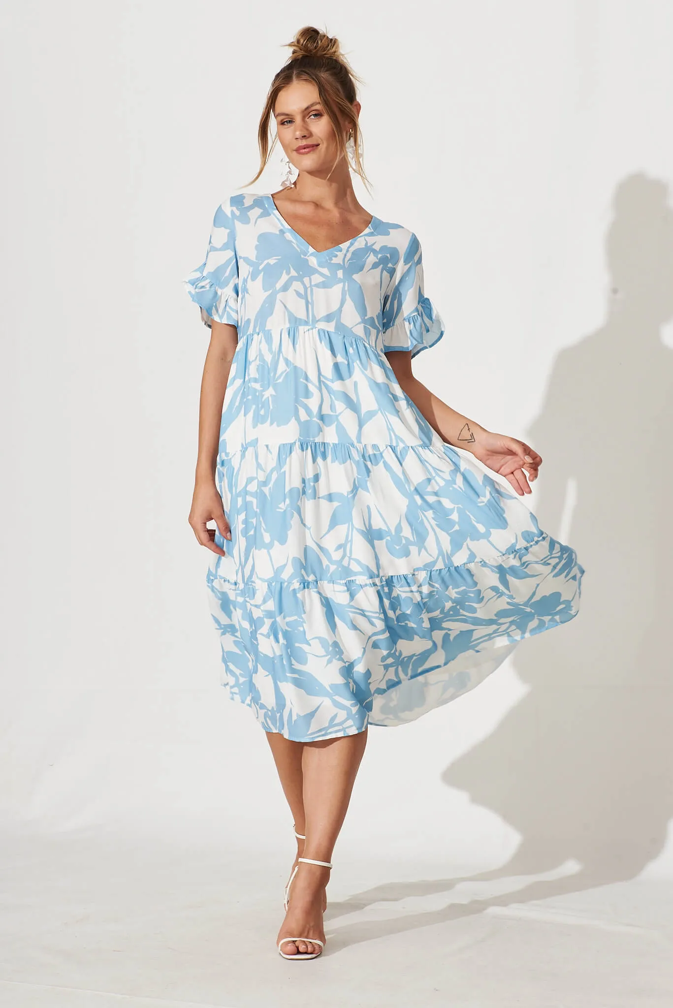 Kristen Midi Smock Dress In White With Blue Floral Linen Blend sold by St Frock