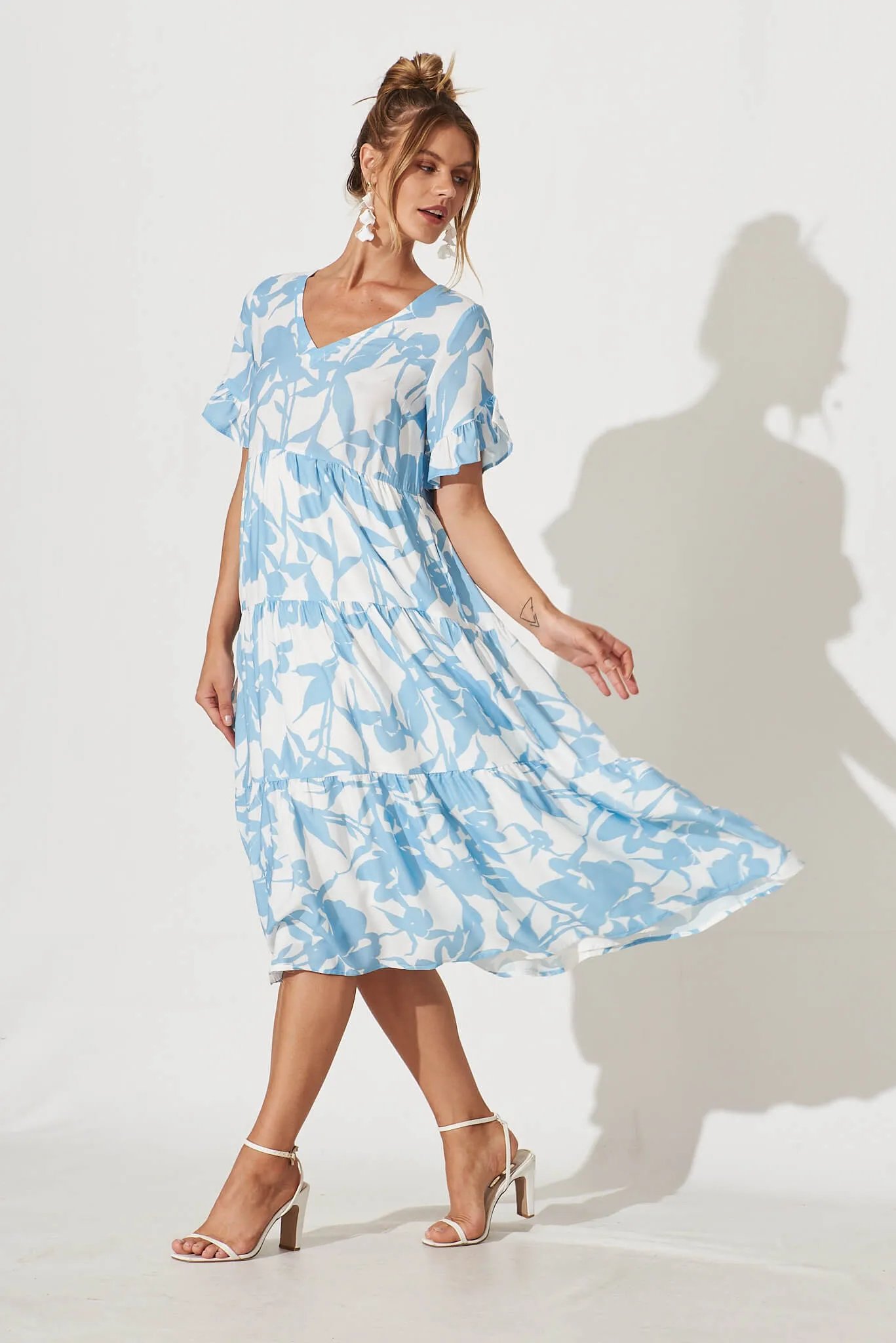 Kristen Midi Smock Dress In White With Blue Floral Linen Blend sold by St Frock product image thumbnail 3