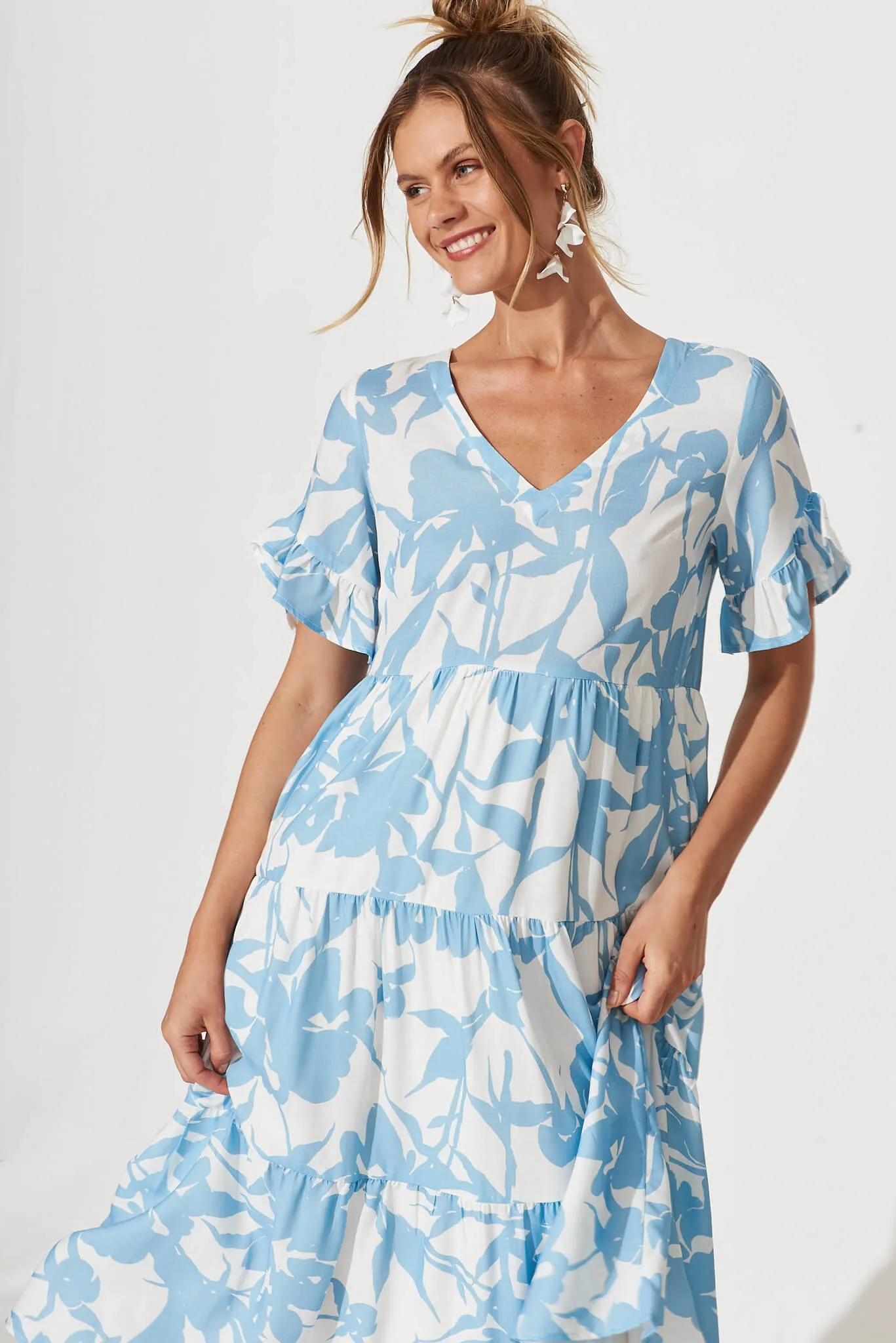 Kristen Midi Smock Dress In White With Blue Floral Linen Blend sold by St Frock product image thumbnail 2