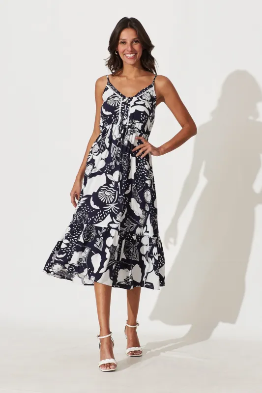 Onyx Midi Dress In Navy With White Print sold by St Frock