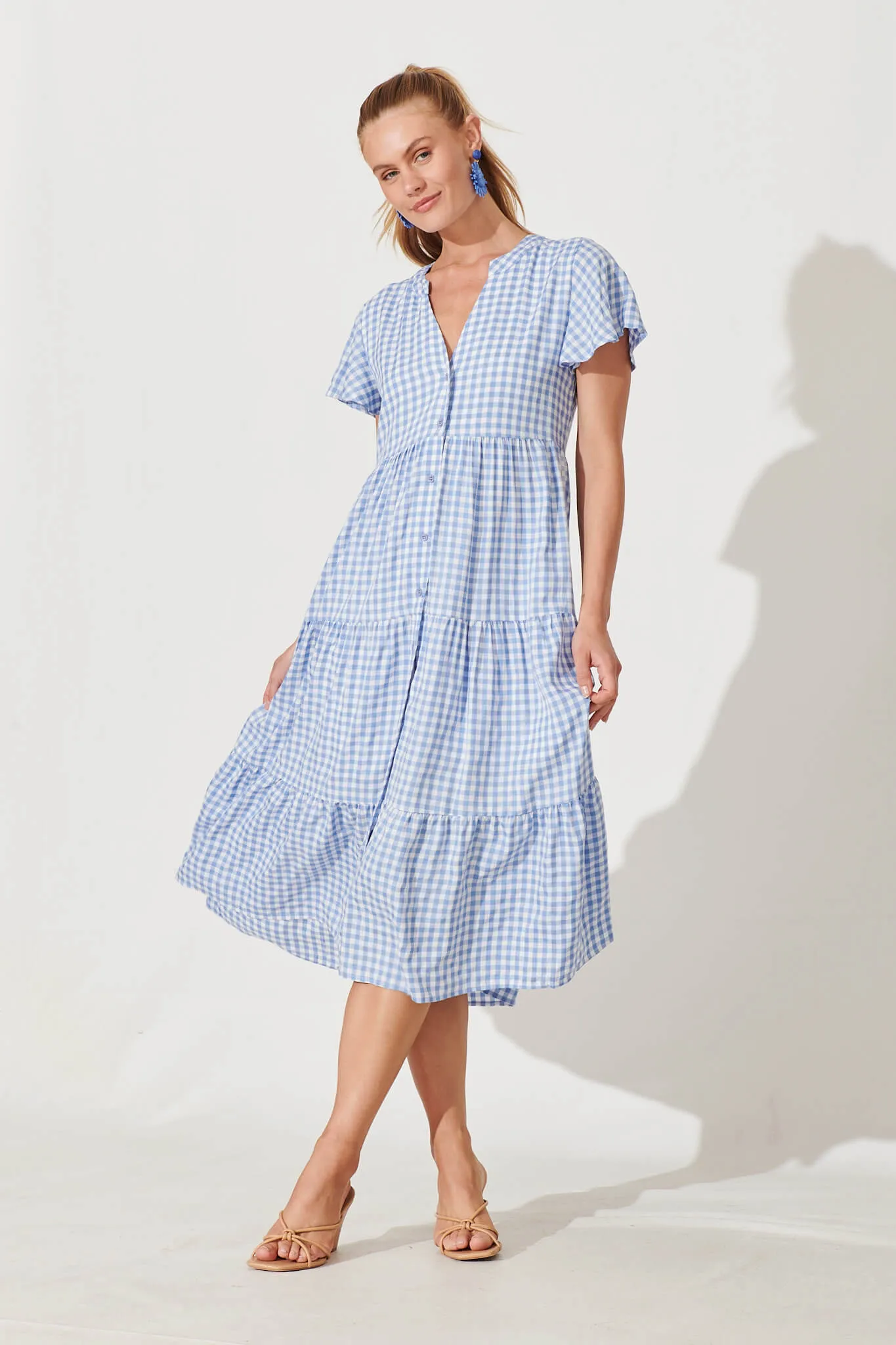 Bently Midi Dress In Blue Gingham Check Cotton Blend sold by St Frock