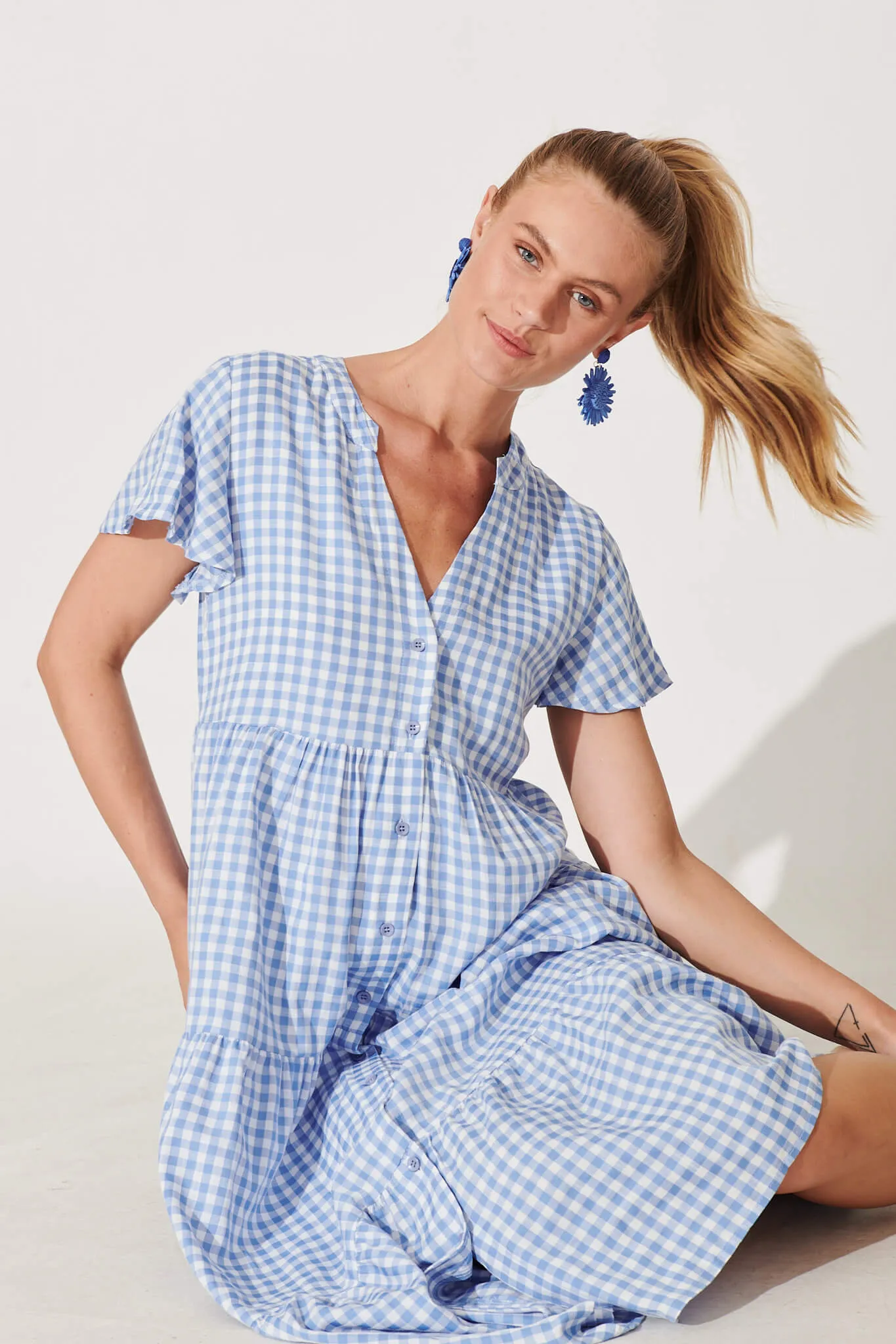 Bently Midi Dress In Blue Gingham Check Cotton Blend sold by St Frock product image thumbnail 2