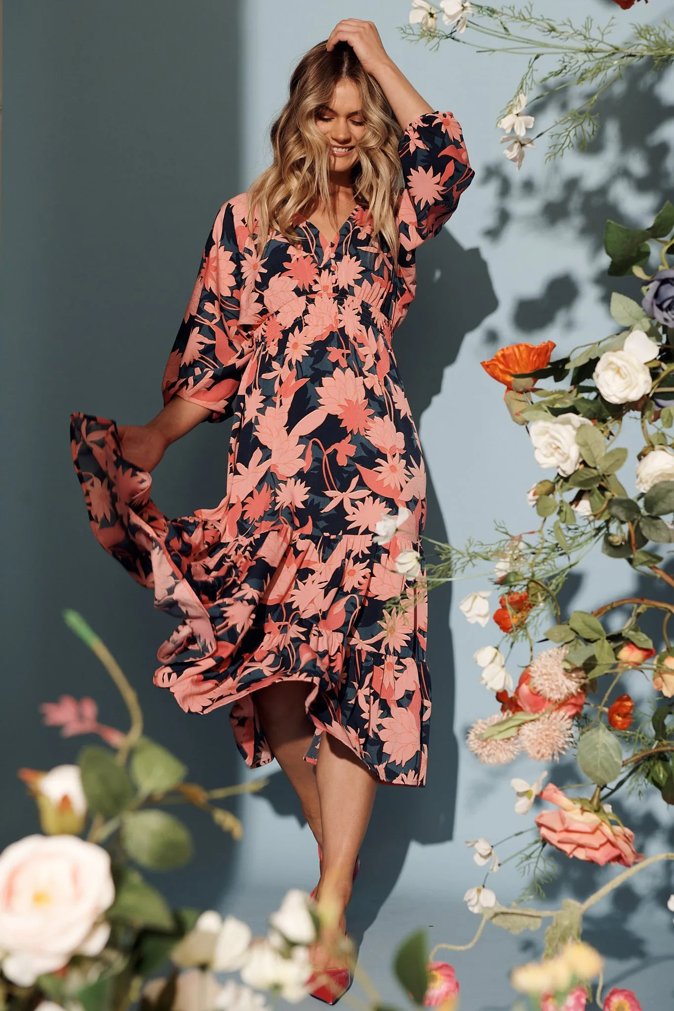 Lavinia Midi Dress In Teal With Blush Floral Satin sold by St Frock