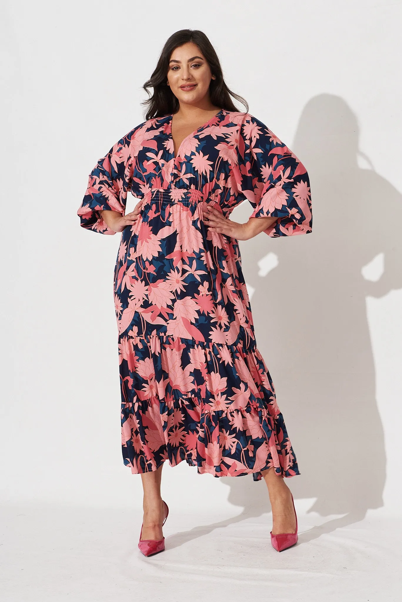 Lavinia Midi Dress In Teal With Blush Floral Satin sold by St Frock product image thumbnail 5