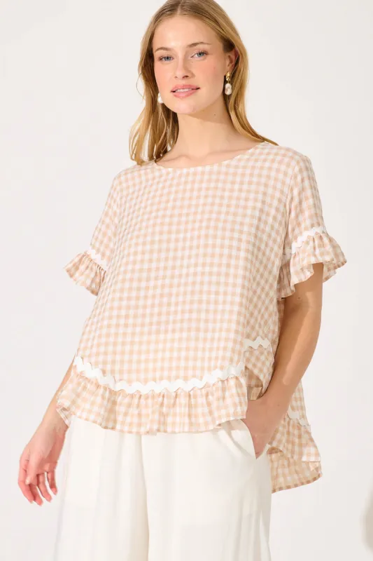 Catharina Top In Beige Gingham And Ric Rac Trim Cotton Blend sold by St Frock