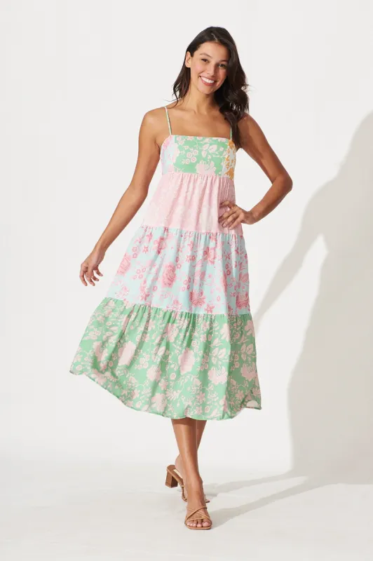 Fay Midi Dress In Green With Pink And Blue Patchwork Floral Linen Blend sold by St Frock