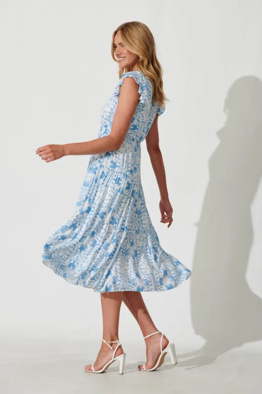 Latricia Midi Dress In White With Blue Linen Blend sold by St Frock