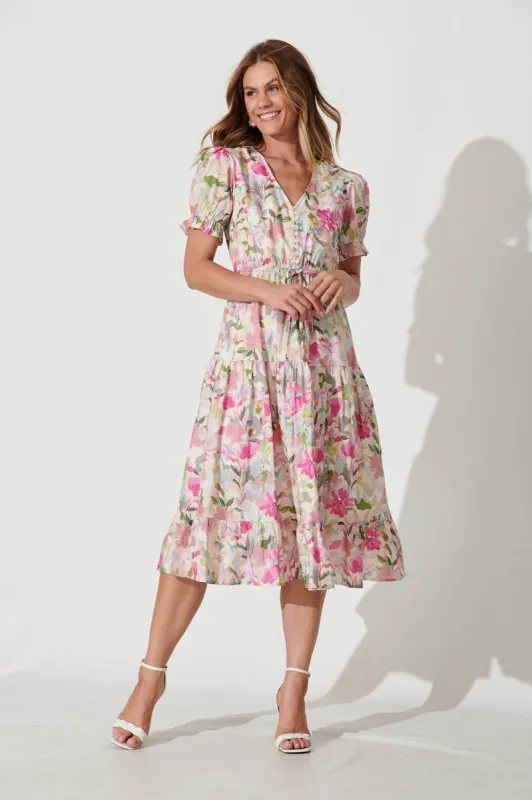 Gardener Midi Dress In Pink Multi Floral Cotton sold by St Frock