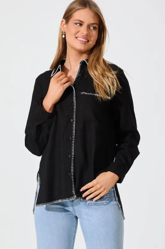 Brielle Shirt In Black With White Contrast Linen Cotton sold by St Frock