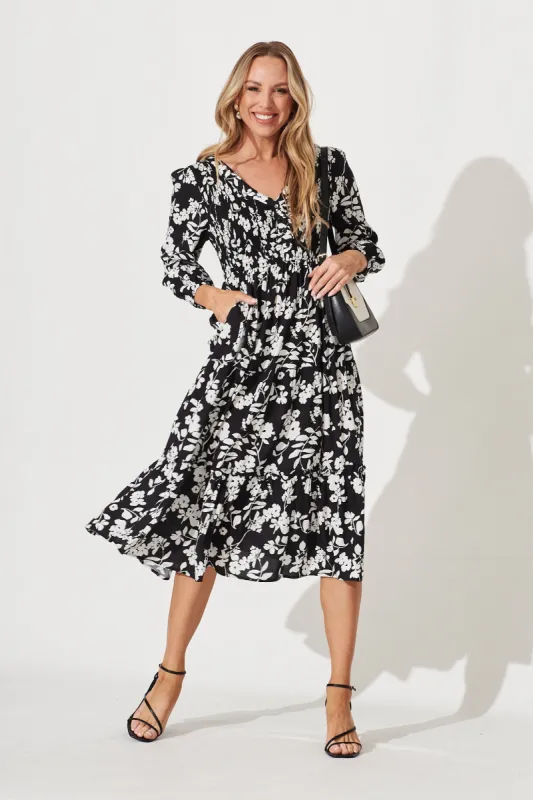 Vivian Midi Dress In Black With White Floral Print sold by St Frock