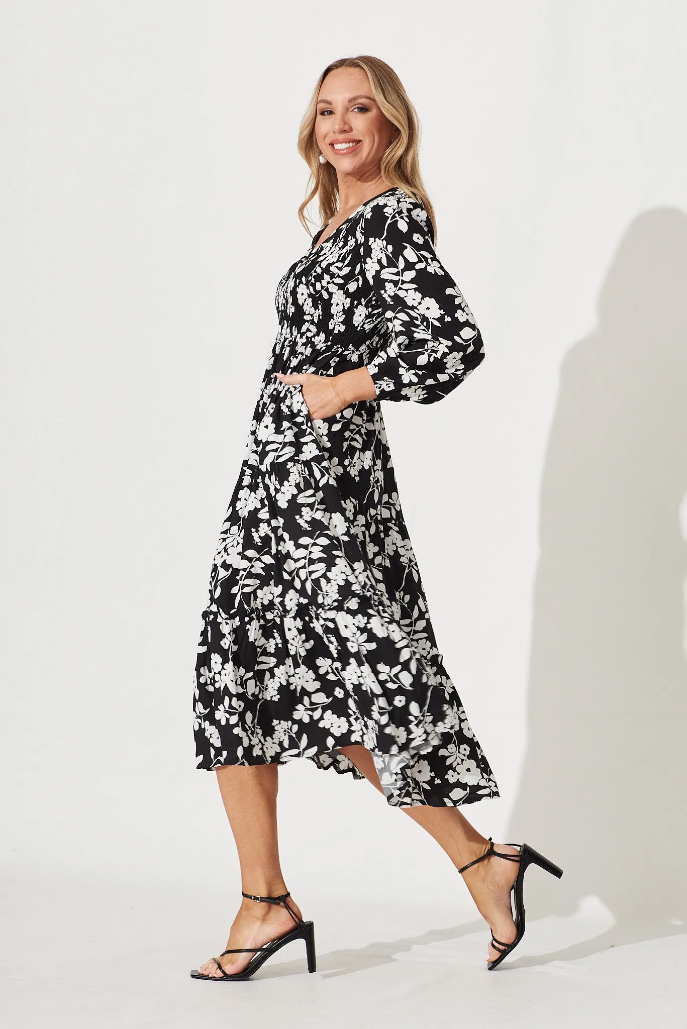 Vivian Midi Dress In Black With White Floral Print sold by St Frock product image thumbnail 3
