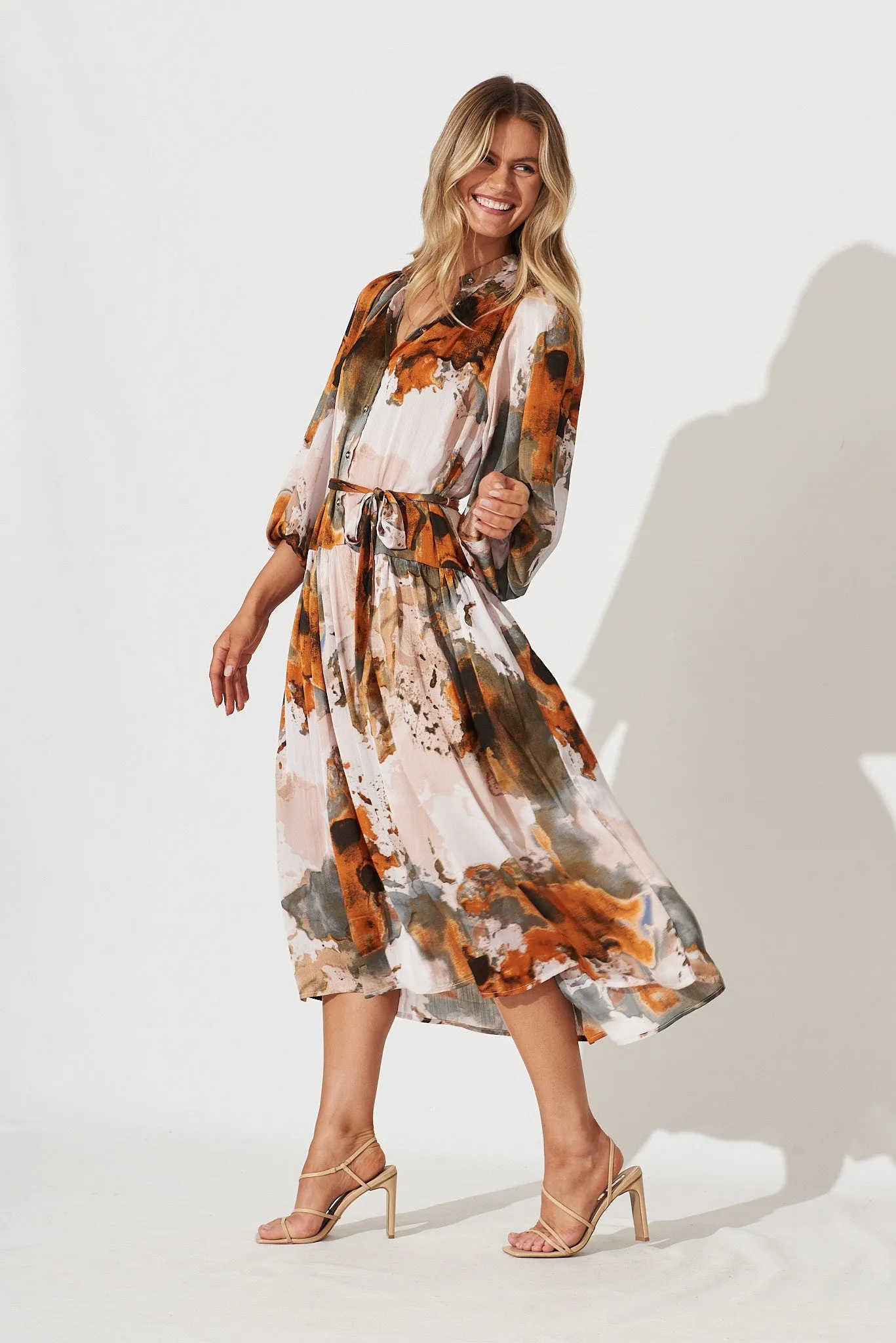 Pippa Maxi Dress In Grey With Rust Print Chiffon sold by St Frock
