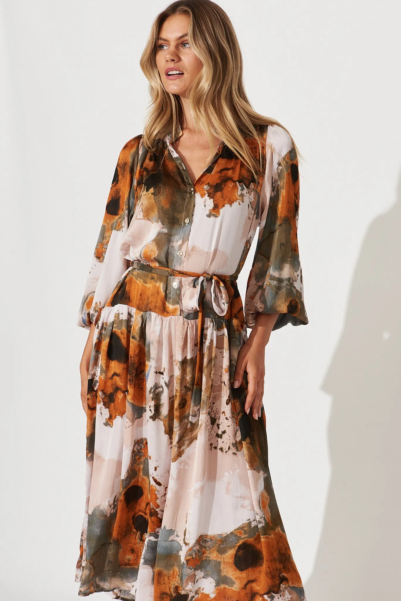 Pippa Maxi Dress In Grey With Rust Print Chiffon sold by St Frock product image thumbnail 4