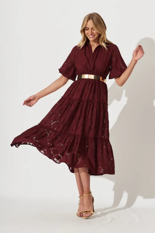 Brittney Midi Dress In Wine Burnout Chiffon sold by St Frock