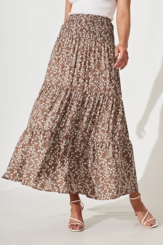 Macarena Maxi Skirt In Mocha With White Floral sold by St Frock