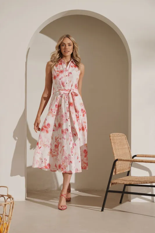 Epic Midi Shirt Dress In White With Pink Floral Print Cotton Linen sold by St Frock
