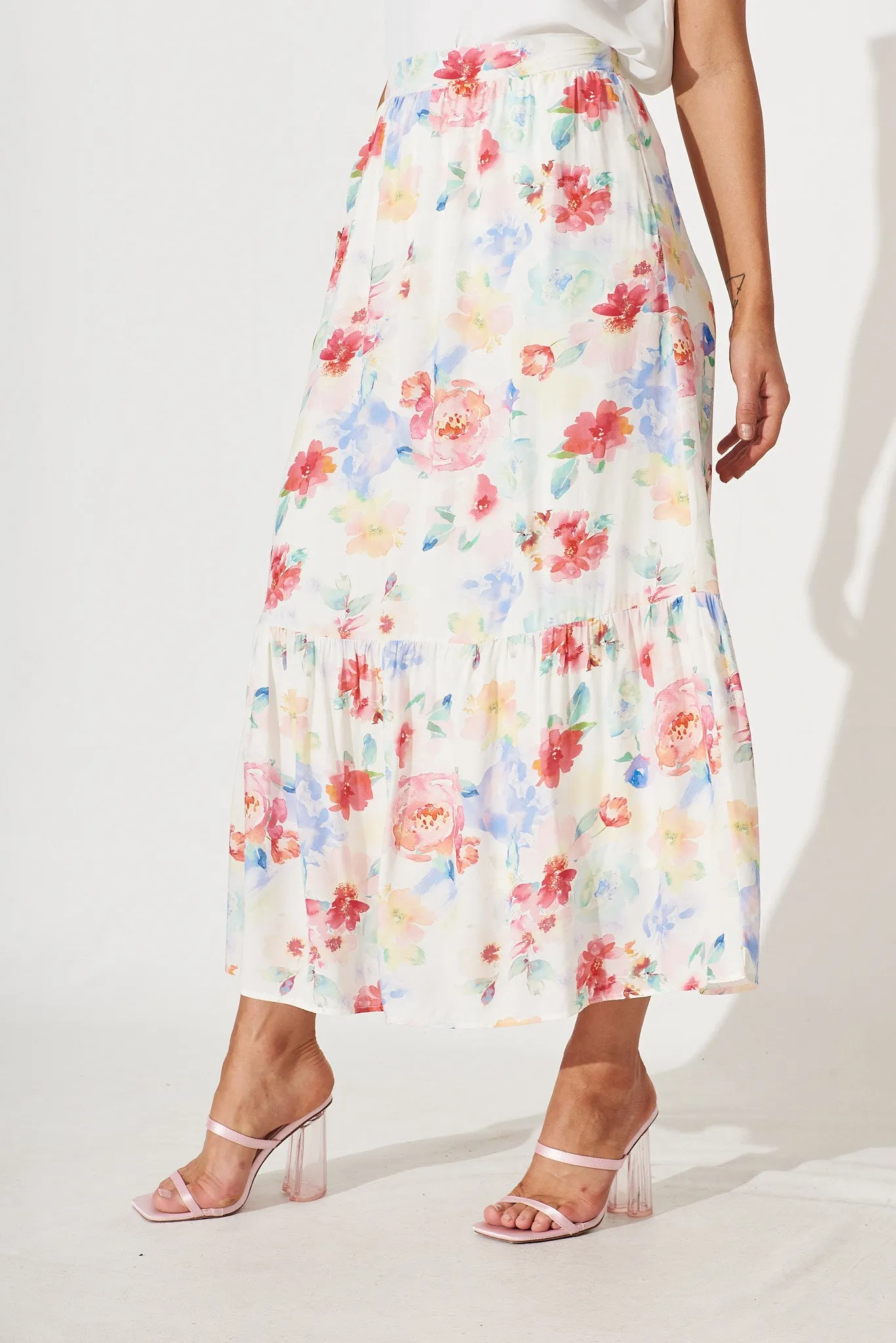 Jules Midi Skirt In White With Bright Watercolour Floral Print sold by St Frock product image thumbnail 3