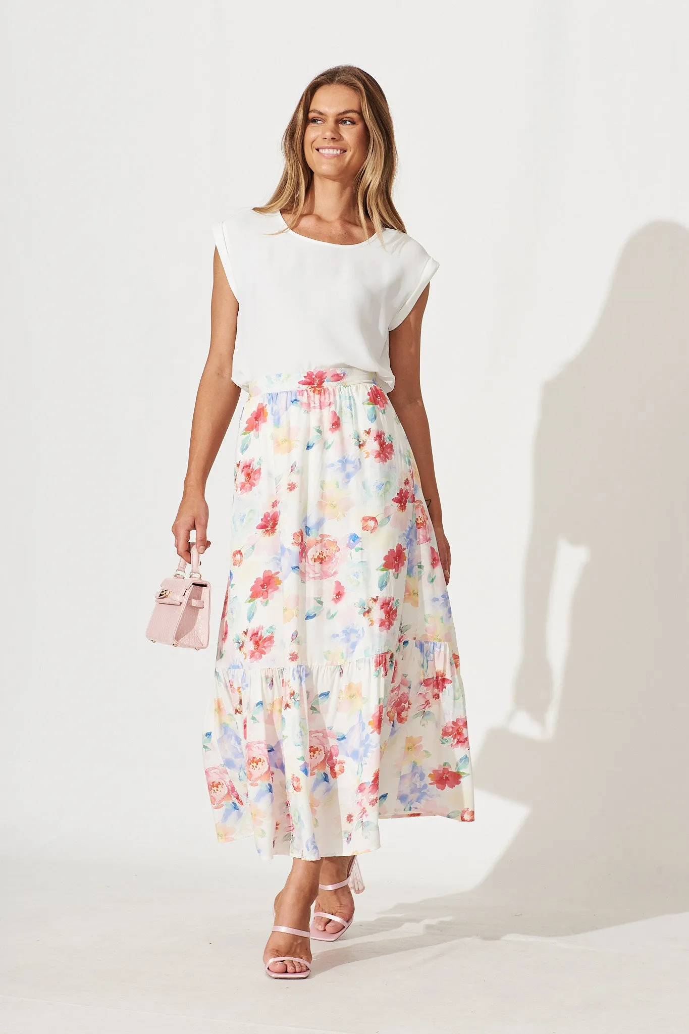 Jules Midi Skirt In White With Bright Watercolour Floral Print sold by St Frock